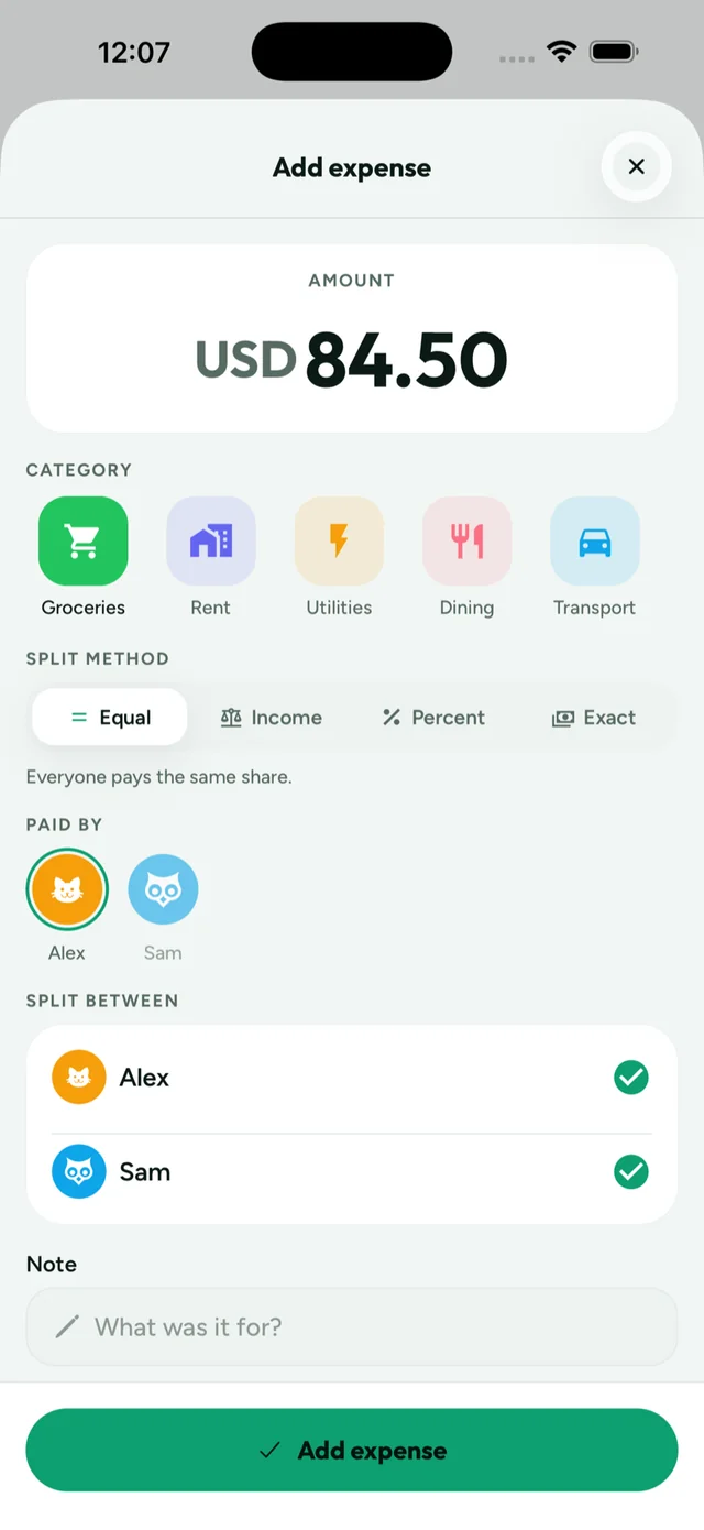 Adding an expense and choosing how to split it