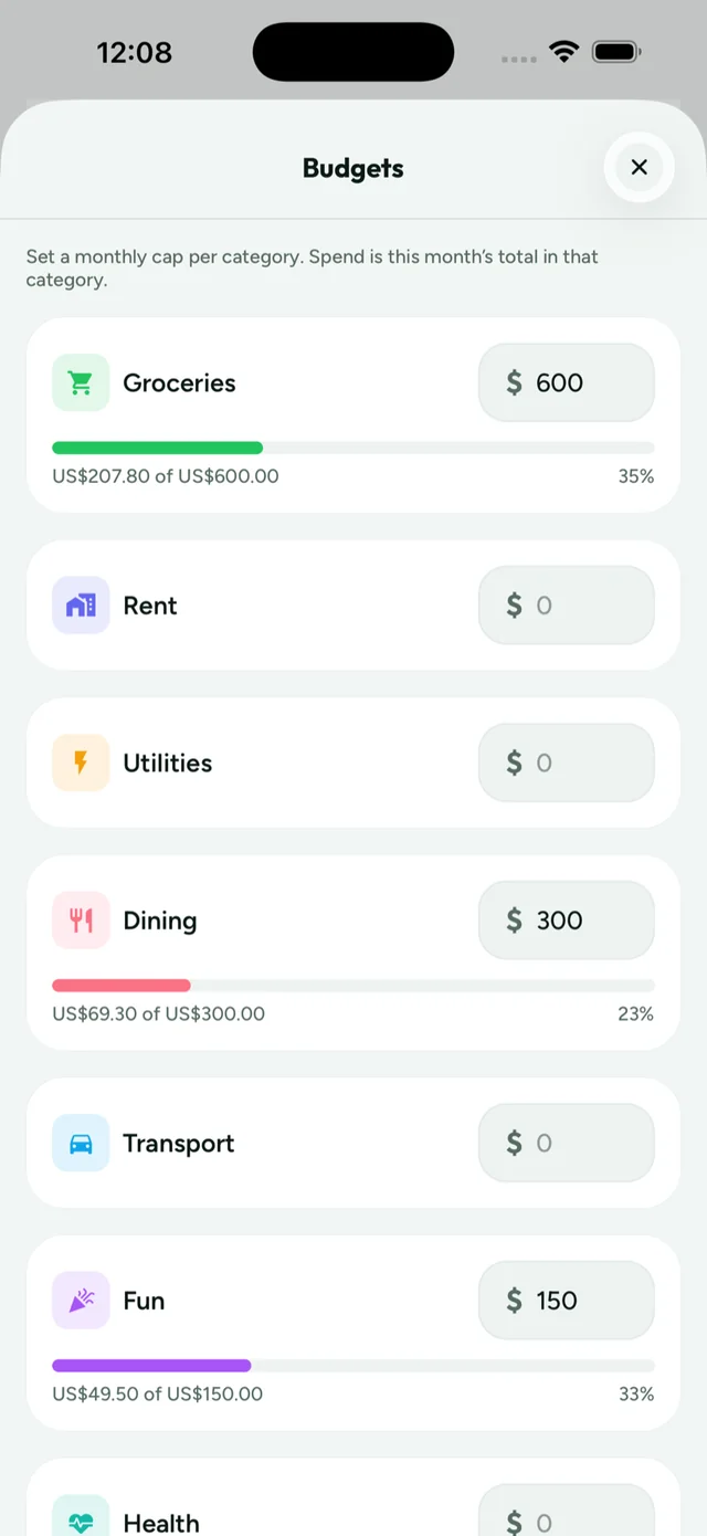 Monthly budgets with live progress
