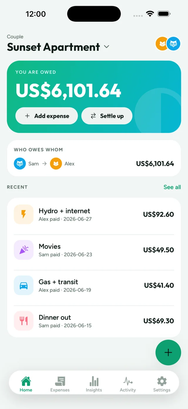 Halvy home screen showing a shared balance